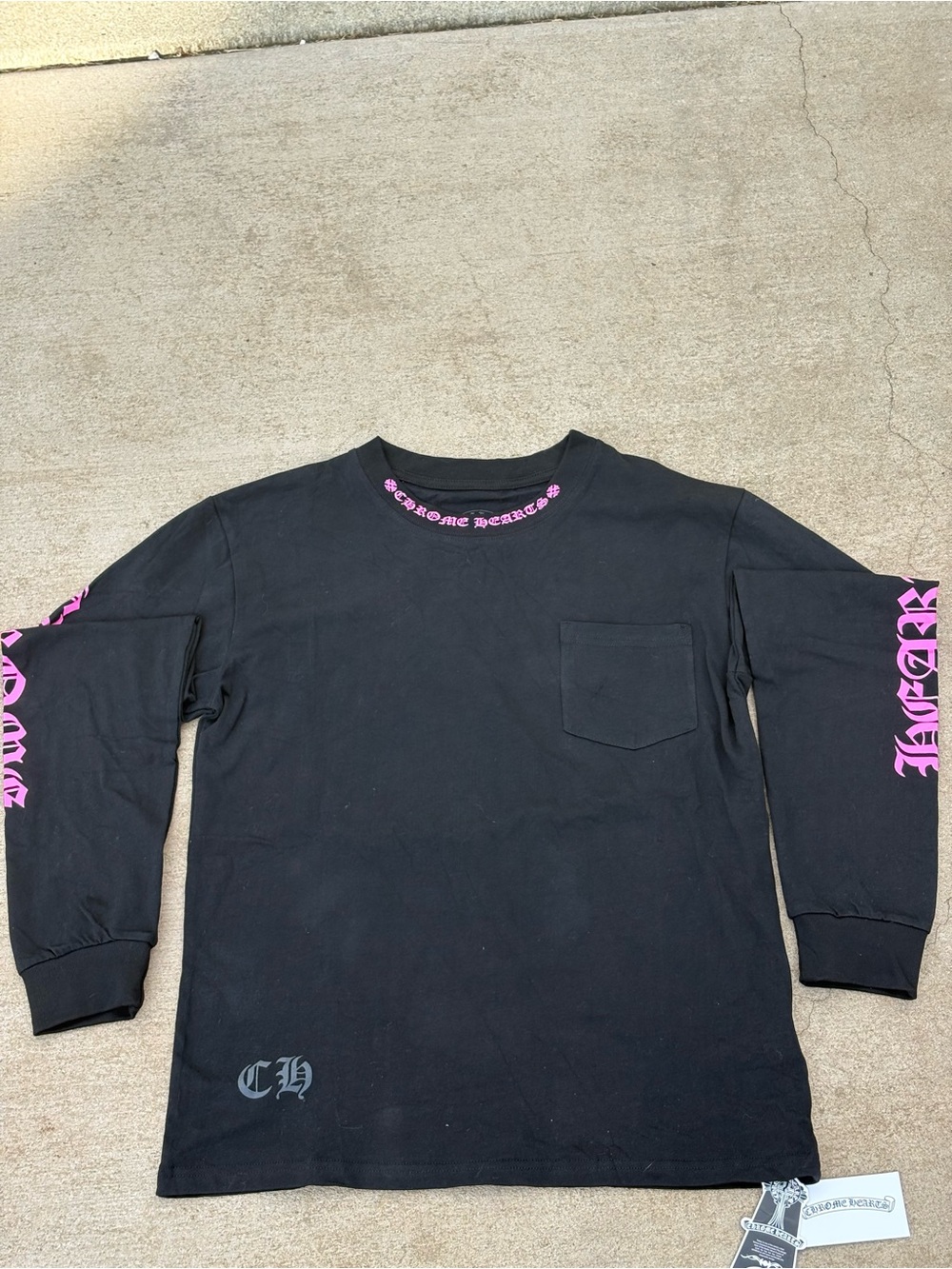 Chrome Hearts Black Long Sleeve Tee with Pink Sleeve Text